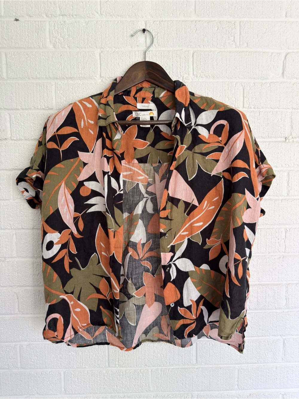 C&C California Linen Button-Down Shirt w/ Black Pink, Orange & Olive Leaf
